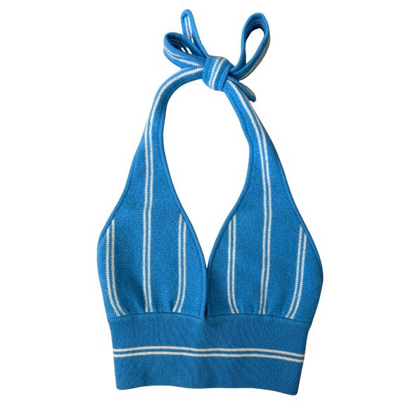 NEW Alo Yoga Cashmere Mini Stripe Halter Tank/Shorts Set Azure Sz S Retail $386 - Picture 2 of 9